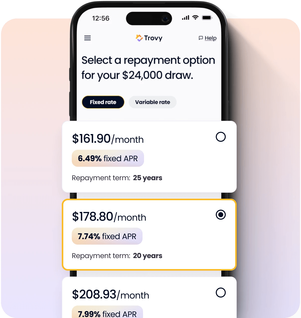 Trovy app showing fixed-rate repayment options for a HELOC draw